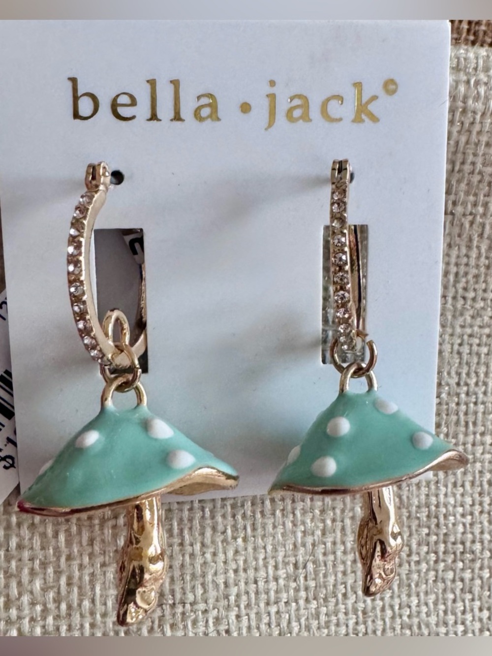 Bella Jack Mushroom Earrings NWT Polka Dots Rhinestones Enamel Gold Tone